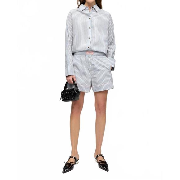 NEW GANNI yarn dyed stripe elasticated shorts in soft chambray - Picture 1 of 3